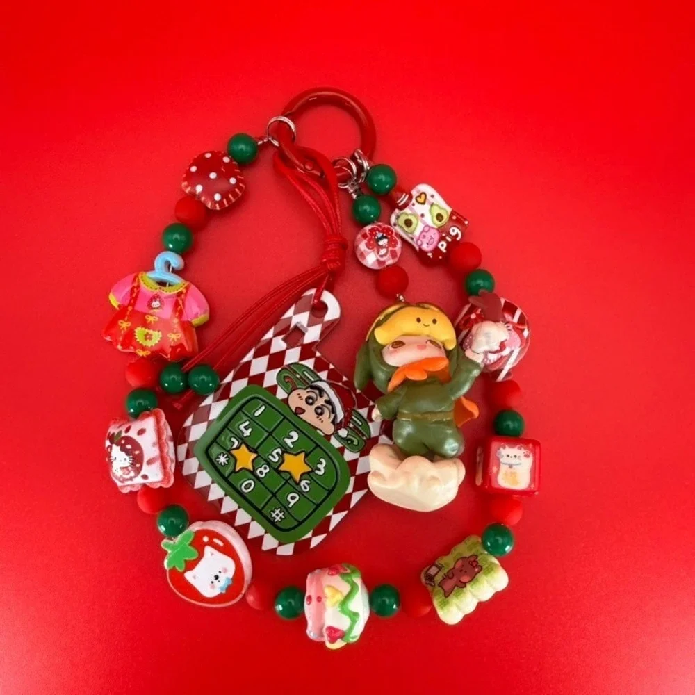 Handmade Xmas Aviator Girl Keychain Phone Bag Wristlet Red Green Charm 3 Layer